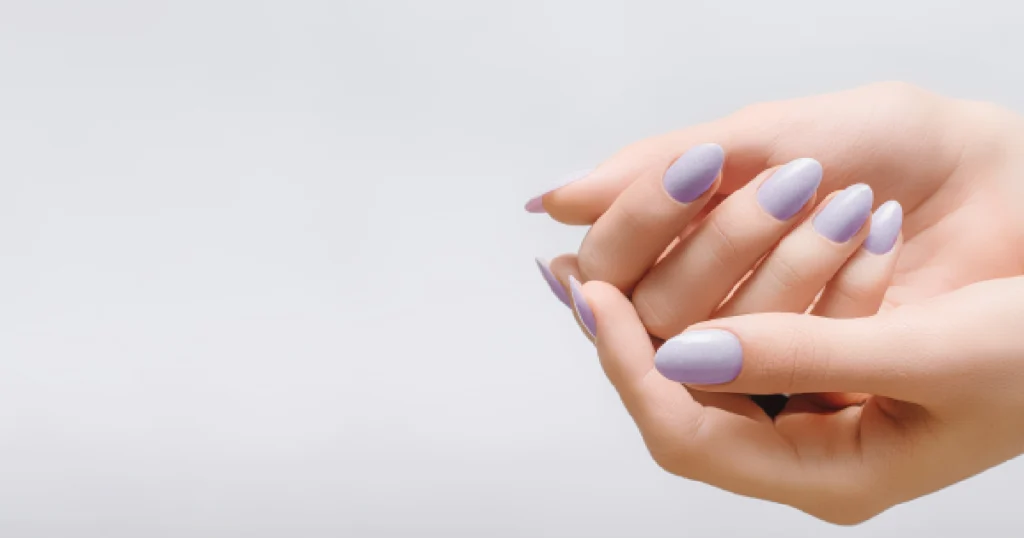 lavender acrylic nails with shimmer on a neutral background in Union, KY